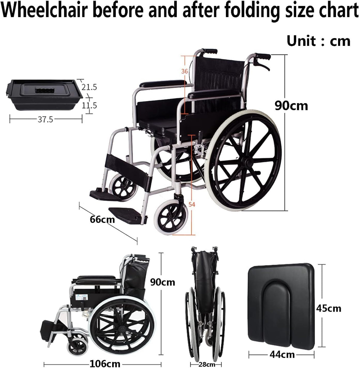 Carbon Steel Folding Wheelchair Multifunctional Manual Wheelchair W/Waterproof Leather Cushion & Bedpan Transport Chair Mobility Aid for Elderly Disabled