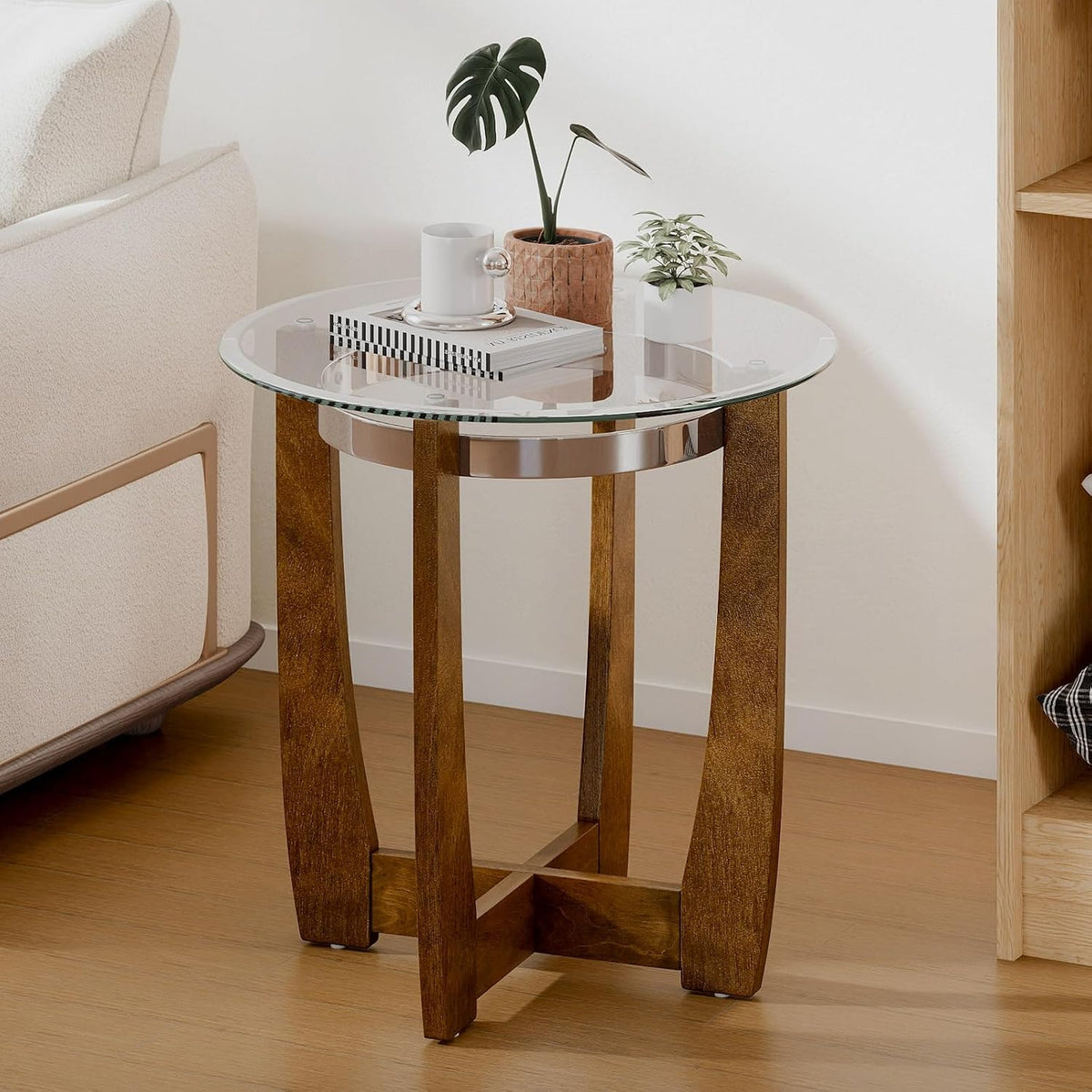 GOFLAME Glass End Table, 24' Round Sofa Side Table with Solid Rubber Wood Frame, Tempered Glass Top, Cross Base, Modern Circle Coffee Table for Living Room, Bedroom, Apartment, Walnut