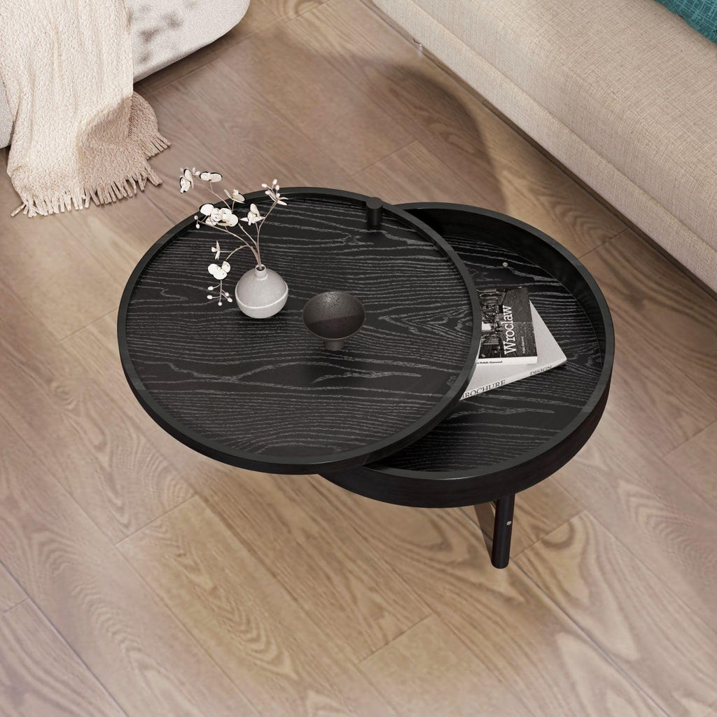KEVINSPACE 24 Round Wood Coffee Table for Living Room with Storage Space - Rustic Modern Cocktail Table with Rotating Tray, Vintage Farmhouse Black
