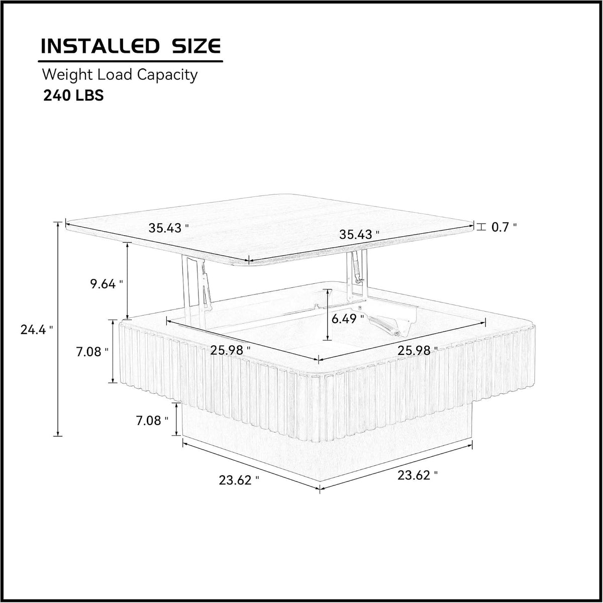 Coffee Table with Lifting Top Storage for Living Room,Fluted Lift Top Coffee Tables with Storage Solid Wood Center Table 35.43' Modern Square Lift Pull Up Tabletop for Apartment Office,Black