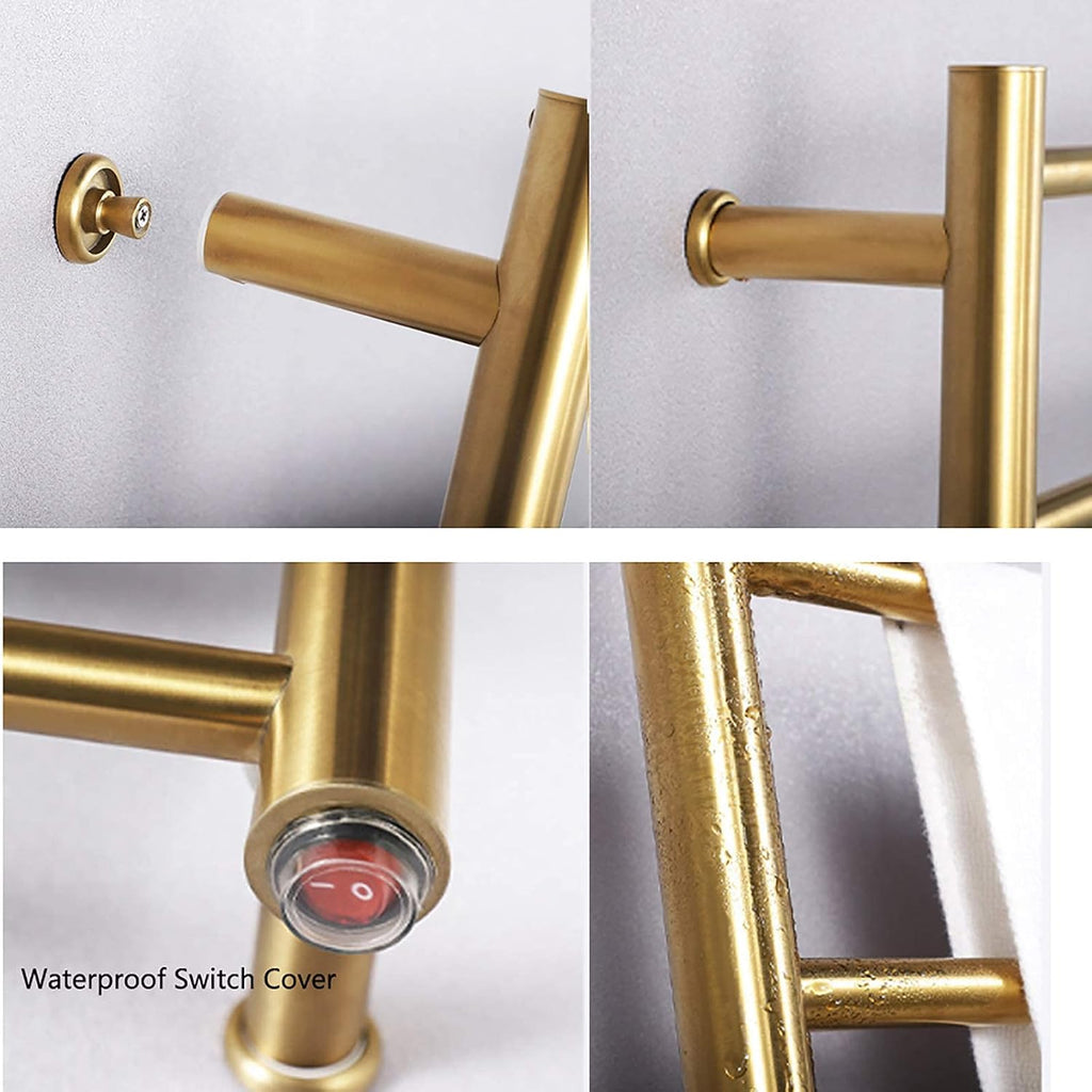 Towel Warmer, Gold Electric Towel Rack with 4 Round Bars 304 Stainless Steel Heated Towel Bar Drying Rack Wall Mounted Bath Towel Dryer