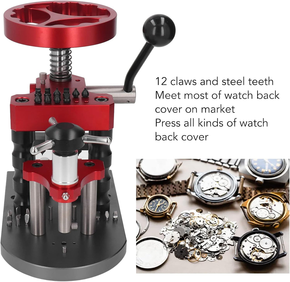 Hilitand Watch Capping Machine Professional, Adjustable Back Cover Closing Press for Repair Shops and Watchmakers Alloy Steel 12 Claws Large Turntable Multi Mold Kit