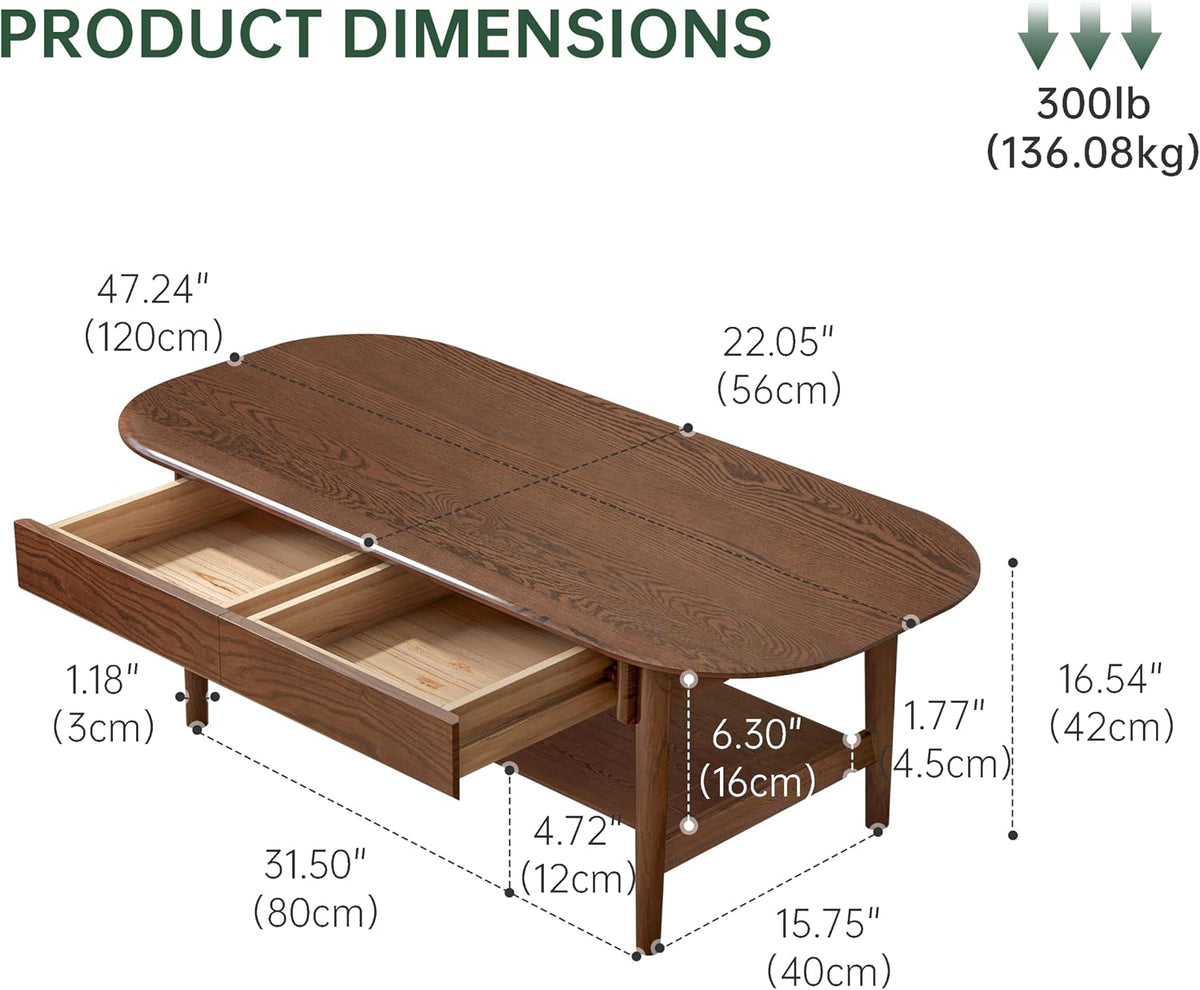 100% Solid Oak Wood Coffee Table for Living Room, 2-Tier Mid-Century Modern Table with 2 Drawers & Open Shelf, Living Room Table with Rounded Corner for Home (Oak Walnut Finish, 47.24'' W)