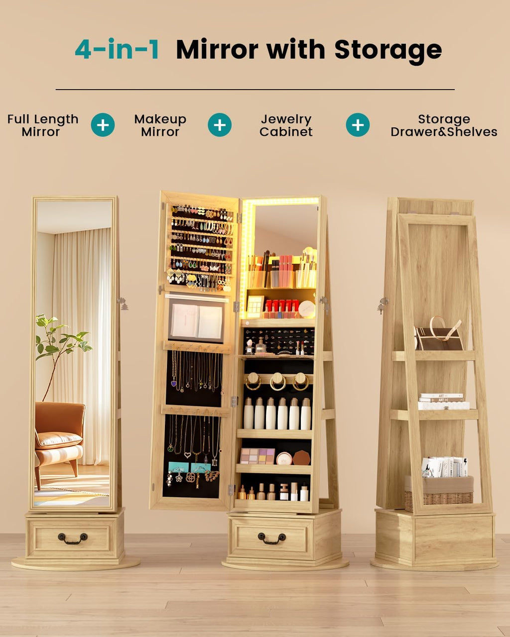 Vlsrka Mirror Jewelry Cabinet Standing, 360° Swivel Jewelry Armoire with Full Length Mirror, Lockable Mirror with Jewelry Storage, 3-Color LED Lights, Foldable Makeup Shelf