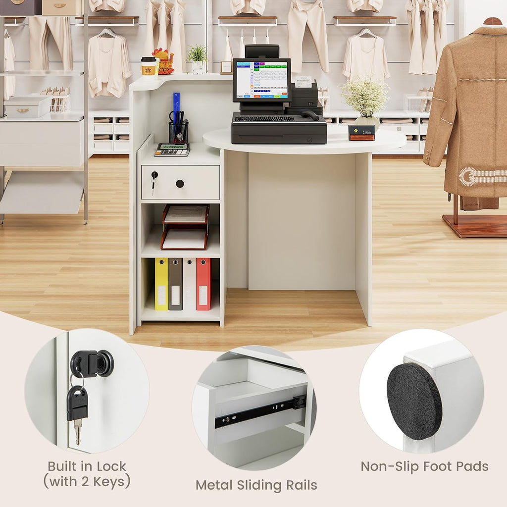 Reception Desk, Small Retail Checkout Counter with Lockable Drawer and Open Shelves, Wooden Front Desk Reception Counter, Oval Desktop & L Counter for Store Office Lobby Salon (White)