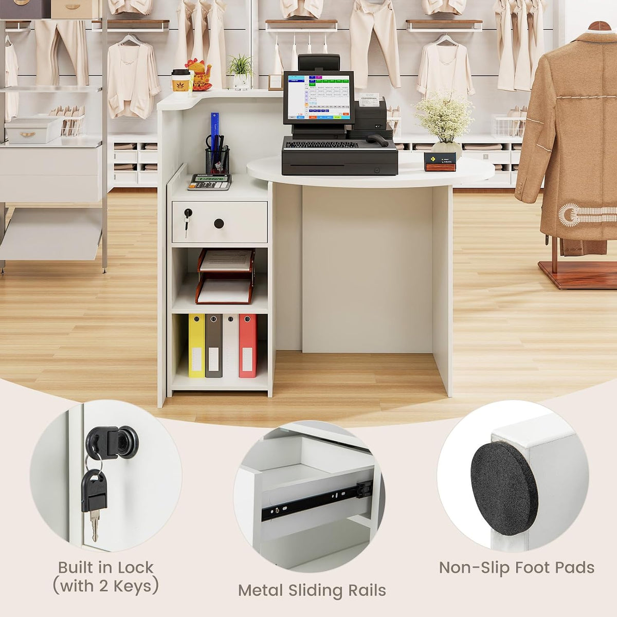 Reception Desk, Small Retail Checkout Counter with Lockable Drawer and Open Shelves, Wooden Front Desk Reception Counter, Oval Desktop & L Counter for Store Office Lobby Salon (White)