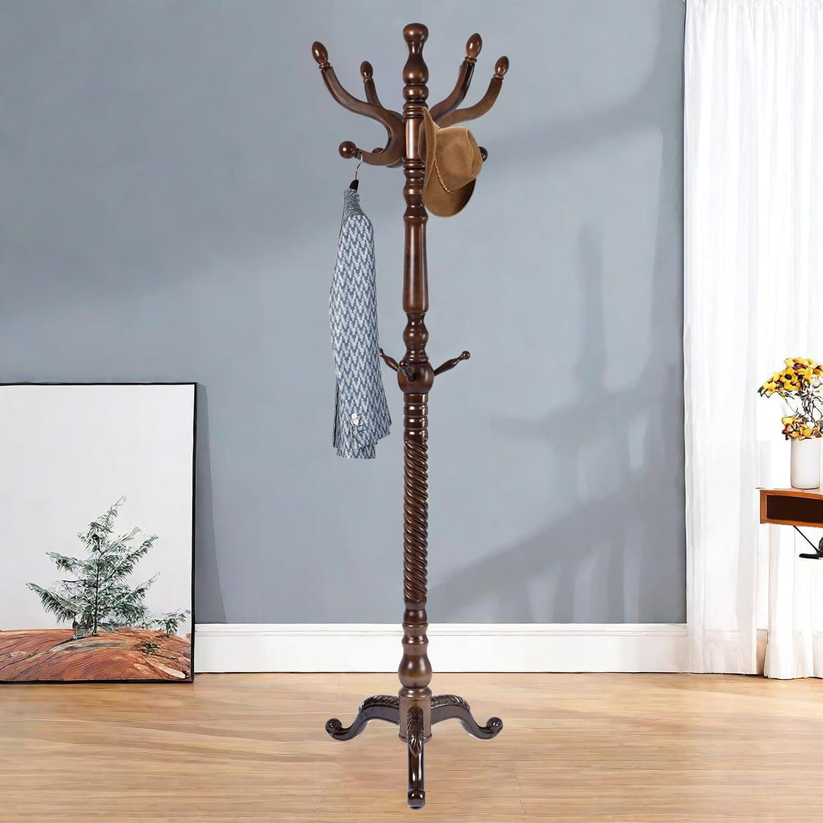 Solid Wood Coat Rack – 74.8' Freestanding Coat Racks Stand with 11 Hooks & Stable Base, Adjustable Height Modern Wooden Hall Tree for Entryway, Bedroom, Office, Home (Walnut Triangle)