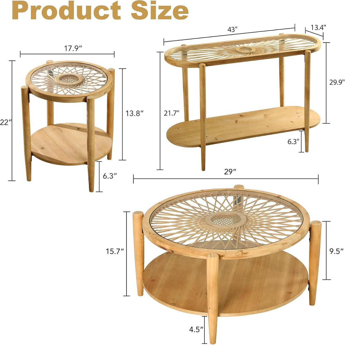RUSTOWN Rattan Coffee Table Set, 4 Pieces Rattan Living Room Table Set Includes Console Table, Round Coffee Table & 2 End Tables, Boho Farmhouse Set for Living Room, Bedroom, Home Office, Natural