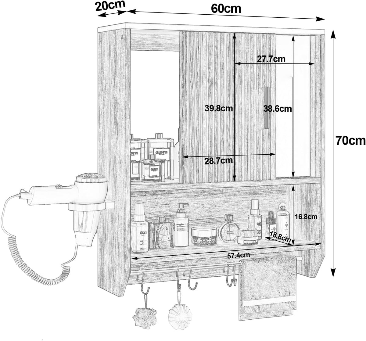 Bathroom Mirror Cabinet Wall Medicine Cabinet with Towel Bar/Hairdryer Holder/ 5 Hooks Over The Toilet Storage Cabinet for Bathroom Kitchen Laundry Room