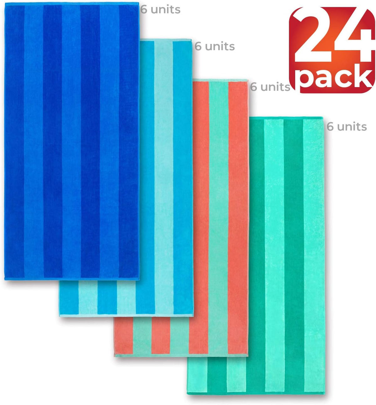 Beachland Soft Beach Towel 30 x 60 inch Cabana Stripe Hotel Pool and Resort - Two Tone Absorbent 100% Cotton (Royal-Turquoise-Coral-Mint, 24 Pack)