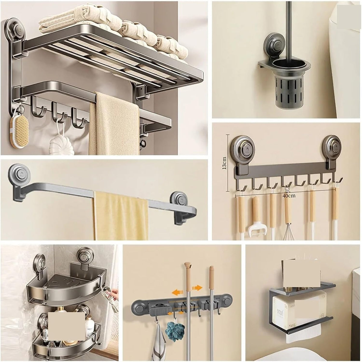 Bath Hardware Set Suction Cup Bathroom Accessories Suit Wall-Mounted Folding Towel Rack Bar Corner Storage Organizer(Towel Rack 60cm)