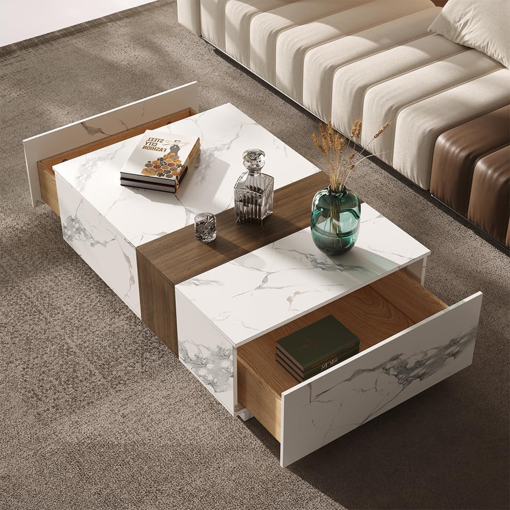 homary Marble & Walnut Coffee Table – Modern Block Design Living Room Center Table with 2 Storage Drawers, White Marble Veneer & Walnut Wood Veneer, Sturdy Base & Smooth Quiet Rails (White)
