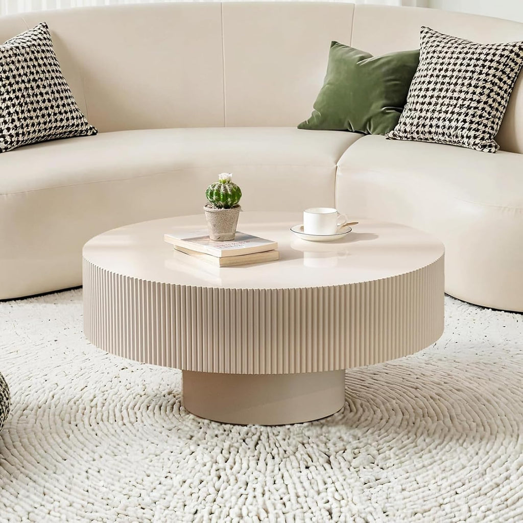 Round Fluted Coffee Table Modern Handcraft Drum Chipboard Wood Center Table, Unique Mid Century Aesthetic Low Coffee Table, for Living Room, Apartment,B