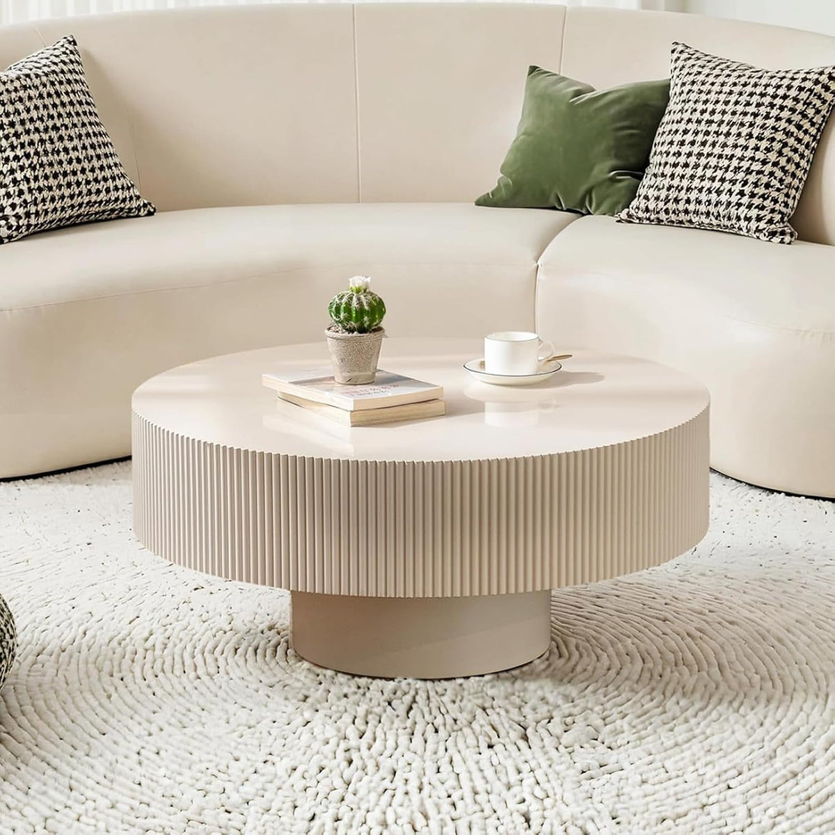 Round Fluted Coffee Table Modern Handcraft Drum Chipboard Wood Center Table, Unique Mid Century Aesthetic Low Coffee Table, for Living Room, Apartment,B
