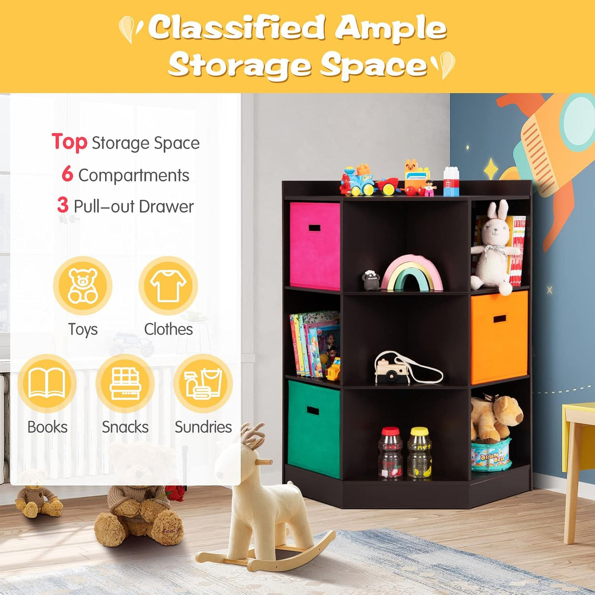 HONEY JOY Kids Toy Storage Organizer, 9-Cubby Toy Bin Organization Storage Cabinet w/Display Shelf & 3 Removable Basket, Wooden Corner Storage Unit for Playroom, Kids Bedroom, Nursery Daycare (Coffee)