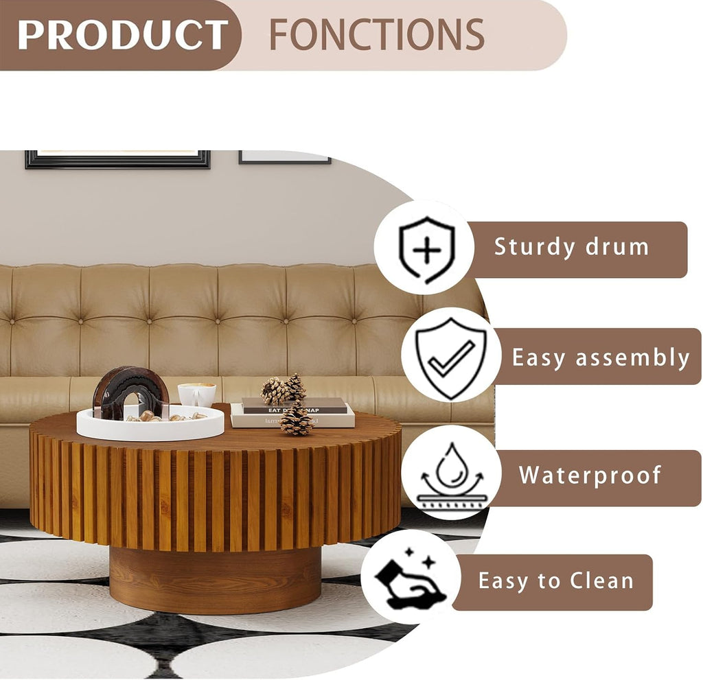 Modern Round Coffee Table for Living Room Drum Round Fluted Coffee Table Circular Pedestal Center Table for Office Patio (Round Wood)