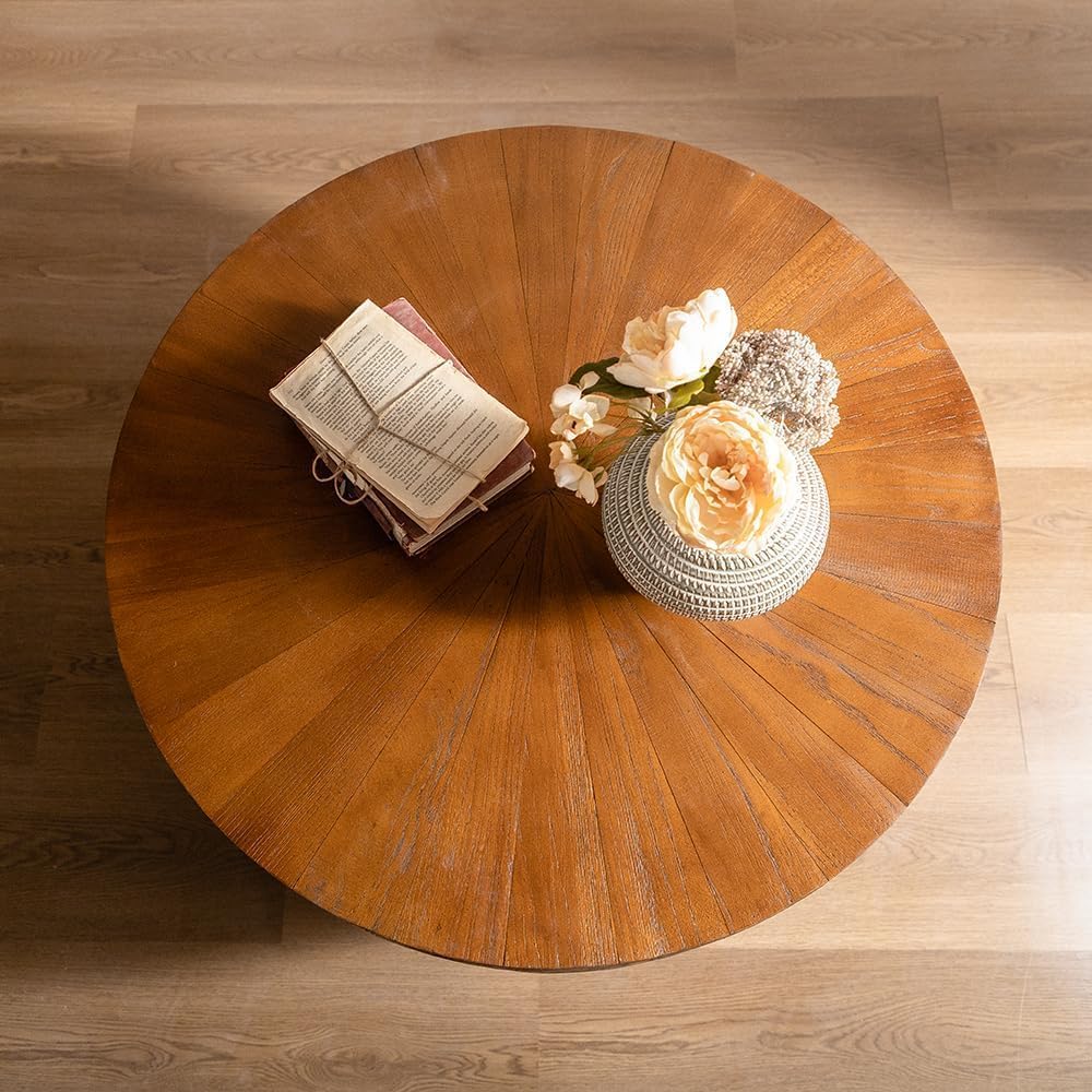 31.50' Round Wood Coffee Table, Retro Fashion Modern Coffee Table Splicing Design Side Cabinet Coffee Table, Wood Look Accent Furniture for Office, Dining Room and Living Room
