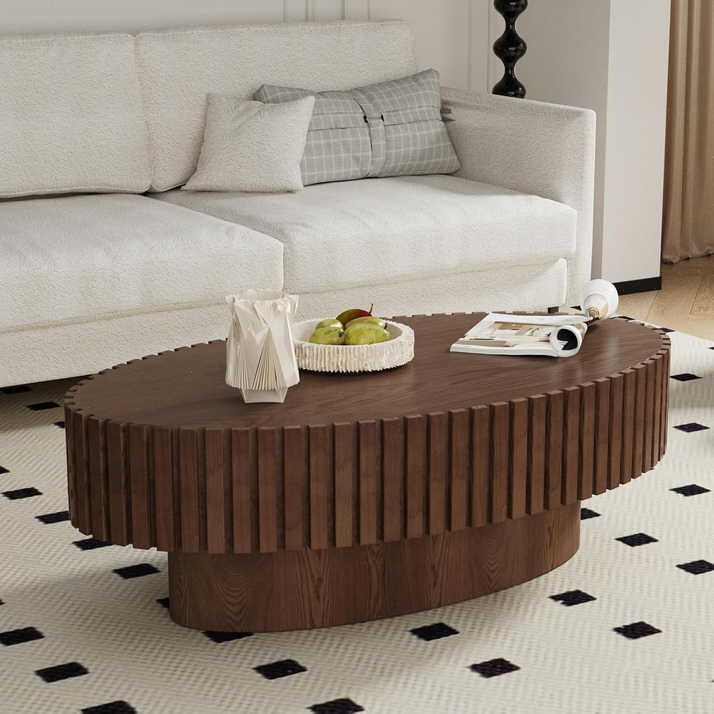 Handcrafted Oval Fluted Coffee Table, Modern Mid Century Minimalist Elegant Drum Oval Coffee Table with Sturdy Pedestal for Living Room Apartment (L)