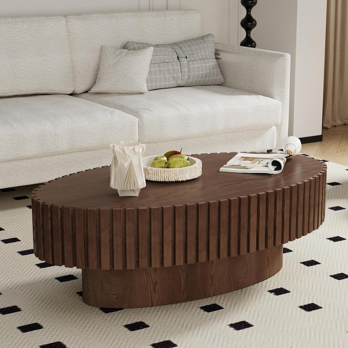 Handcrafted Oval Fluted Coffee Table, Modern Mid Century Minimalist Elegant Drum Oval Coffee Table with Sturdy Pedestal for Living Room Apartment (L)