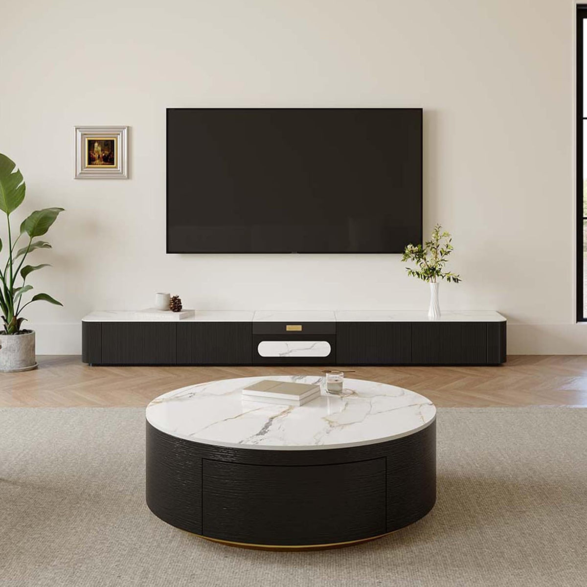 POVISON Modern Drum Coffee Table with Storage, Sintered Stone Top Round Coffee Table with Drawers, Oak Veneer, Fully Assembled, 39.37'