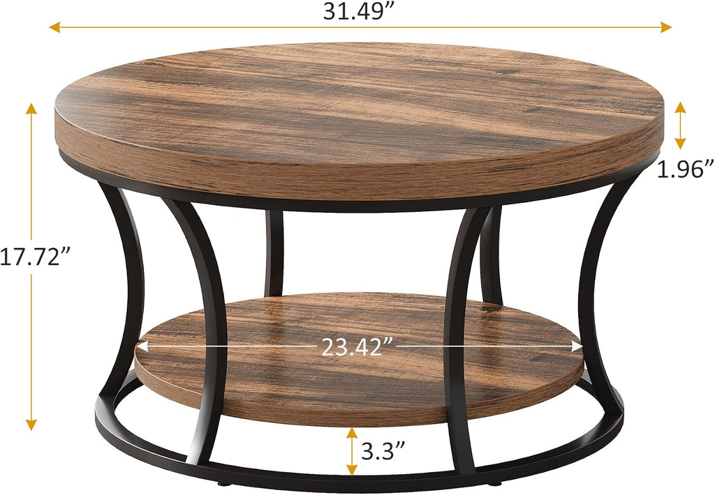 Round Coffee Table for Living Room, 2-Tier Circle Coffee Table with Storage, Accent Center Table Modern Design, Rustic Brown and Black