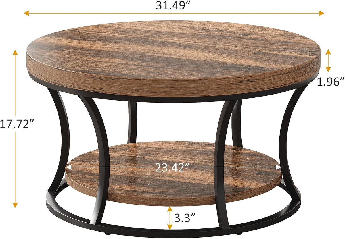 Round Coffee Table for Living Room, 2-Tier Circle Coffee Table with Storage, Accent Center Table Modern Design, Rustic Brown and Black