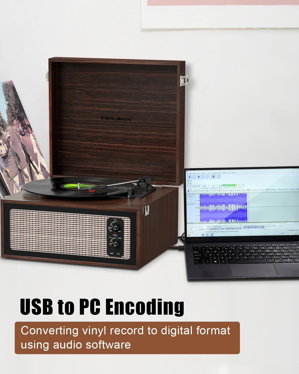 Vintage Standing Vinyl Record Player with Detachable Legs, PC Recording, 3-Speed Belt Driven Bluetooth Turntable Built-in Stereo Speakers Use as Stand or Tabletop Player, Home Decor, Espresso