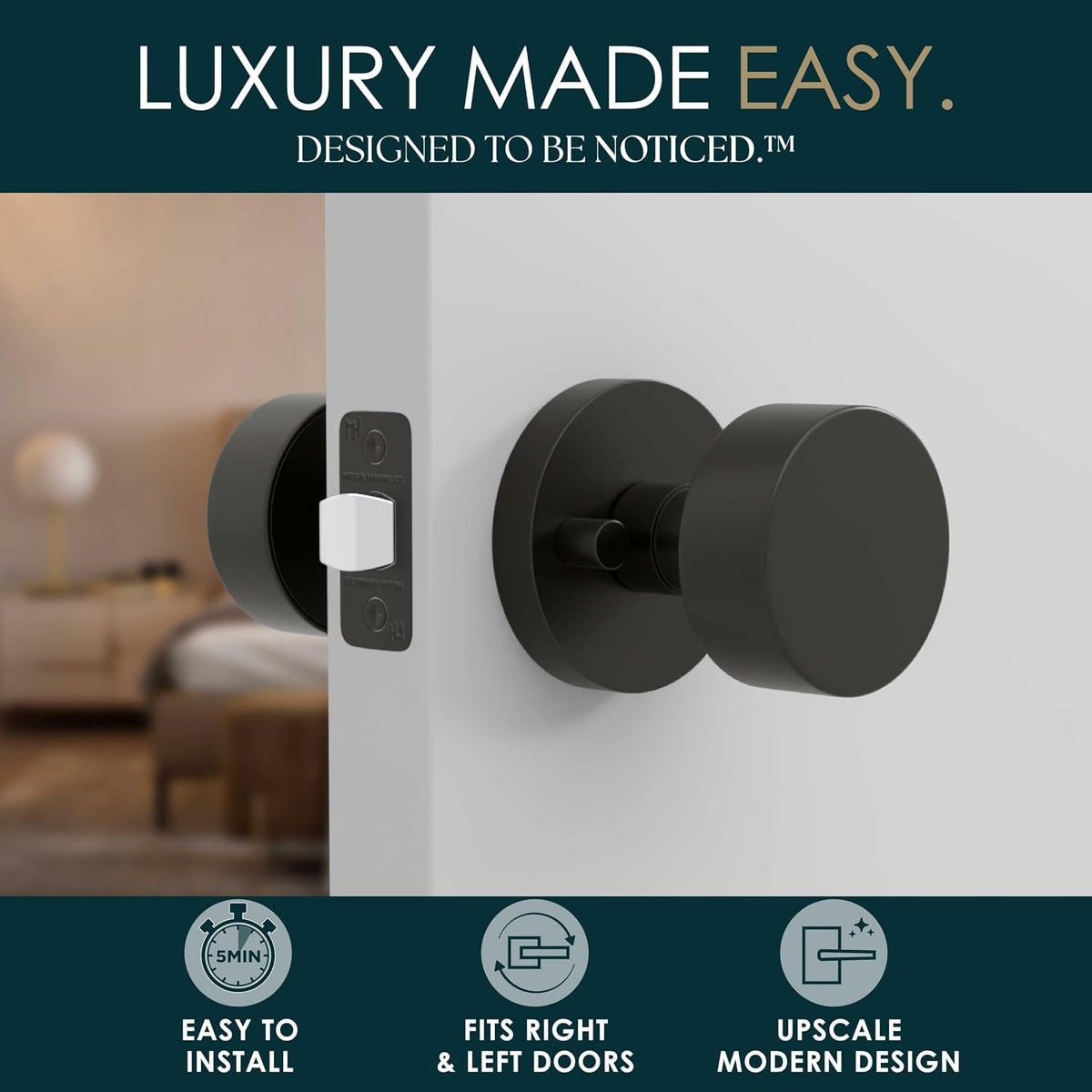 Mega Handles Buena Privacy Door Knobs - 3 Pack Reversible Interior Matte Black Door Knob, Heavy Duty Bed and Bath Door Knobs with Privacy Lock, Fits All Standard Door Sizes - Matte Black