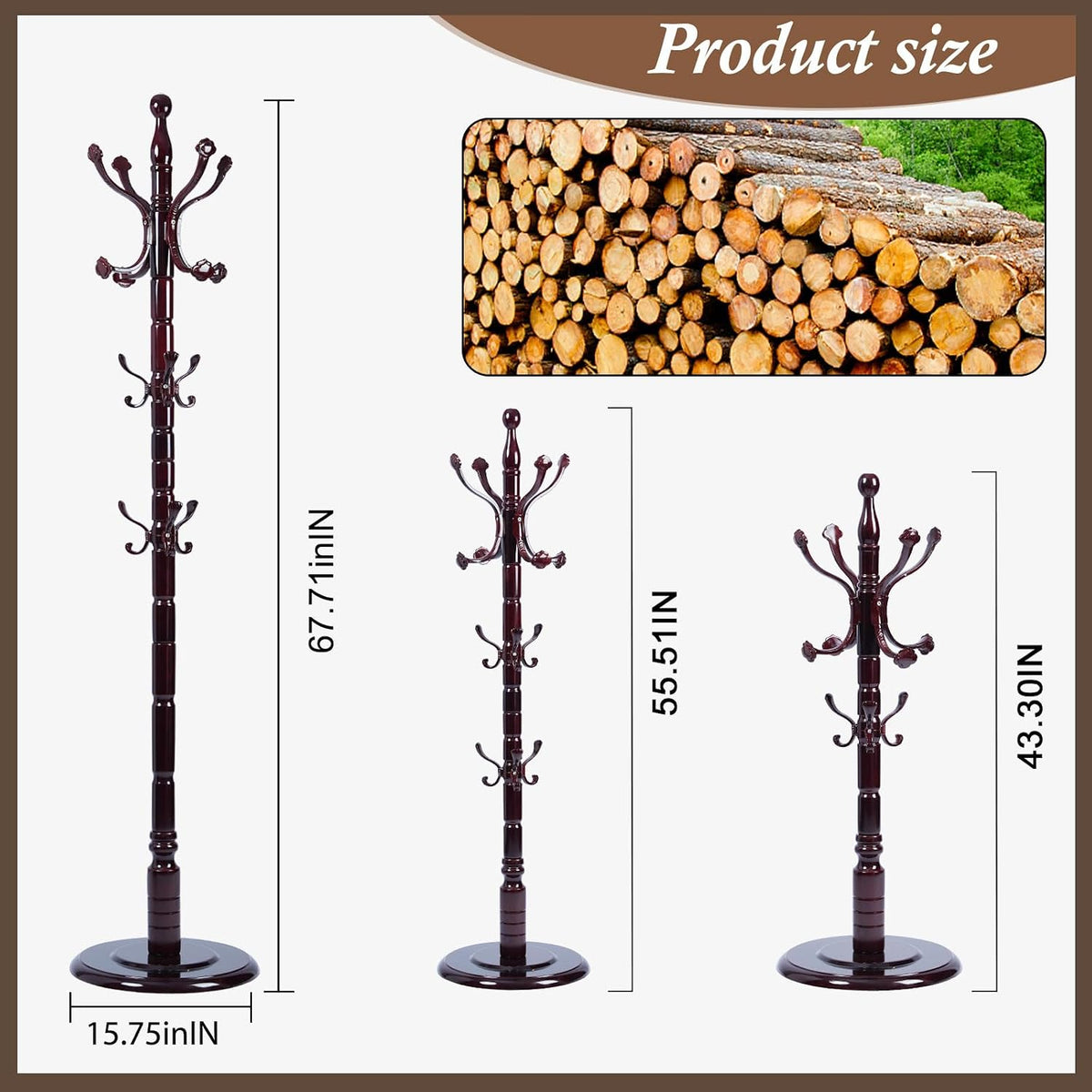 Wooden Coat Rack Freestanding, Vintage Coat Racks with Sturdy Round Base, Adjustable Height 37.40'-72.83' Entrance Coat Rack for Bedroom Living Room Entryway (Rosewood Ruyi Hook)