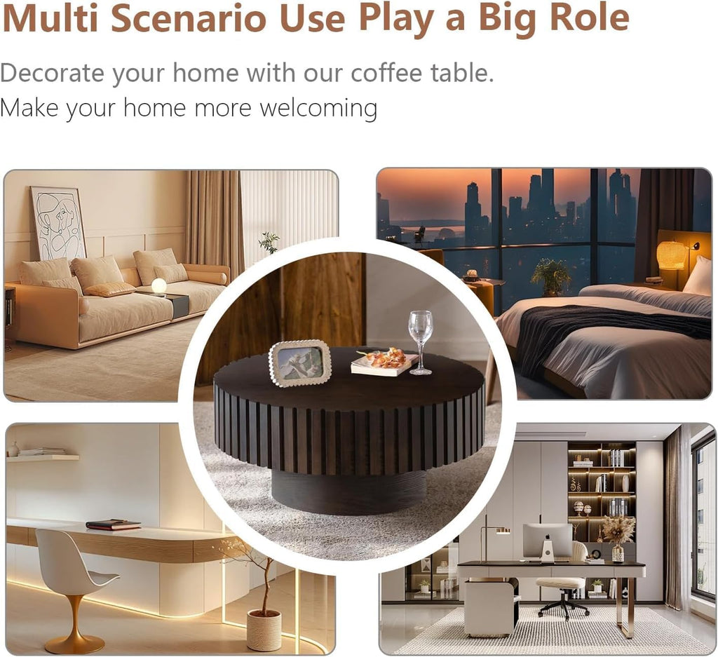 WXFKLDJ Round Drum Coffee Table Black Round Fluted Coffee Table Wood Circle Center Table Pedestal End Table for Apartment Living Room (Black Round)