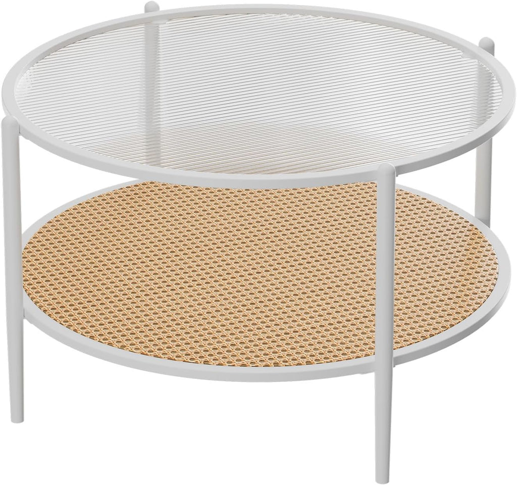 Garvee 30' Round Rattan Coffee Table with Storage, 2-Tier Circle Water-Wave Glass Center Table for Living Room, Modern Small Circle White End Table for Bedroom, Office, Apartment