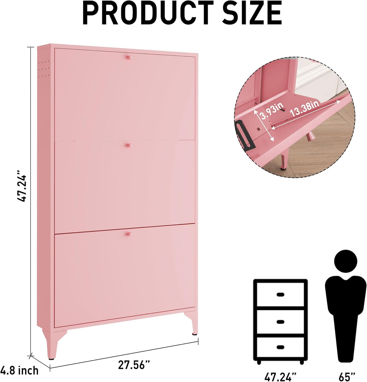 Freestanding Shoe Cabinet with 3 Flip Drawers-Metal Narrow Shoe Rack for Entryway,Hallway,Living Room-Hidden Metal Shoe Cabinet (3 Door Width 27.56, Pink)