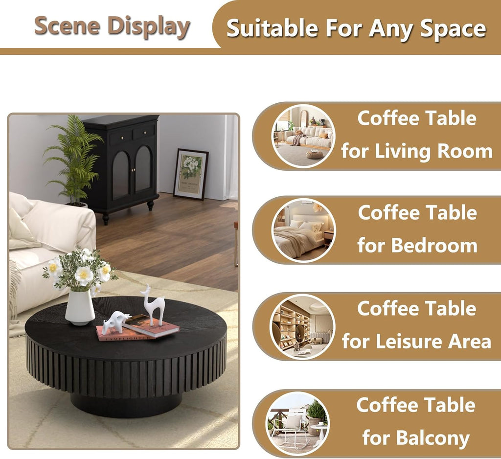 Round Handcraft Fluted Coffee Table with Sturdy Stable Pedestal Modern Luxury Drum Center Table Circle Accent Base Center Tables for Living Room Apartment (J)