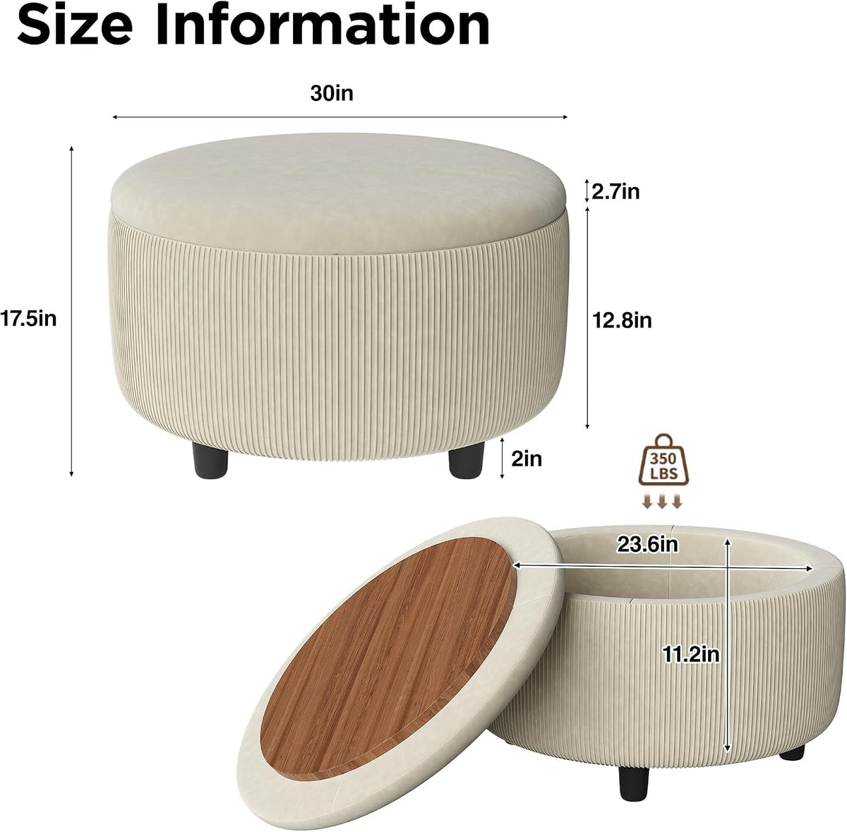 Vabches 30inch Round Storage Ottoman with Hidden Storage, Modern Ottoman Coffee Table with Removable Wood Top, Upholstered Foot Stool for Living Room, Sofa Side, Bedroom, Office (Beige, 30' W)