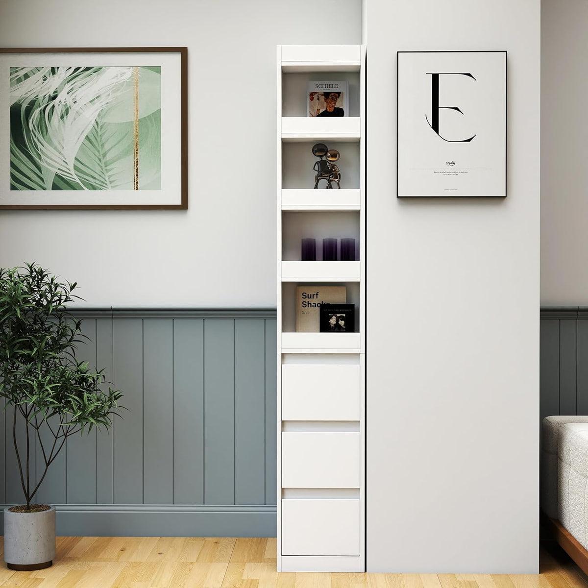 70.87' H Display Storage Cabinet, Narrow Wooden Corner Cabinet with 8-Tier Shelves and 3 Side Drawers, Tall Bookshelf and Bookcase for Living Room Home Office, White