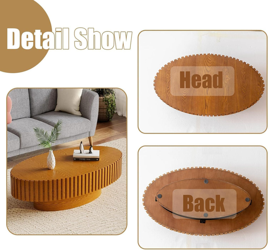 WXFKLDJ Oval Drum Coffee Table Black Round Fluted Coffee Table Wood Circle Center Table Pedestal End Table for Apartment Living Room (Light Brown Oval)