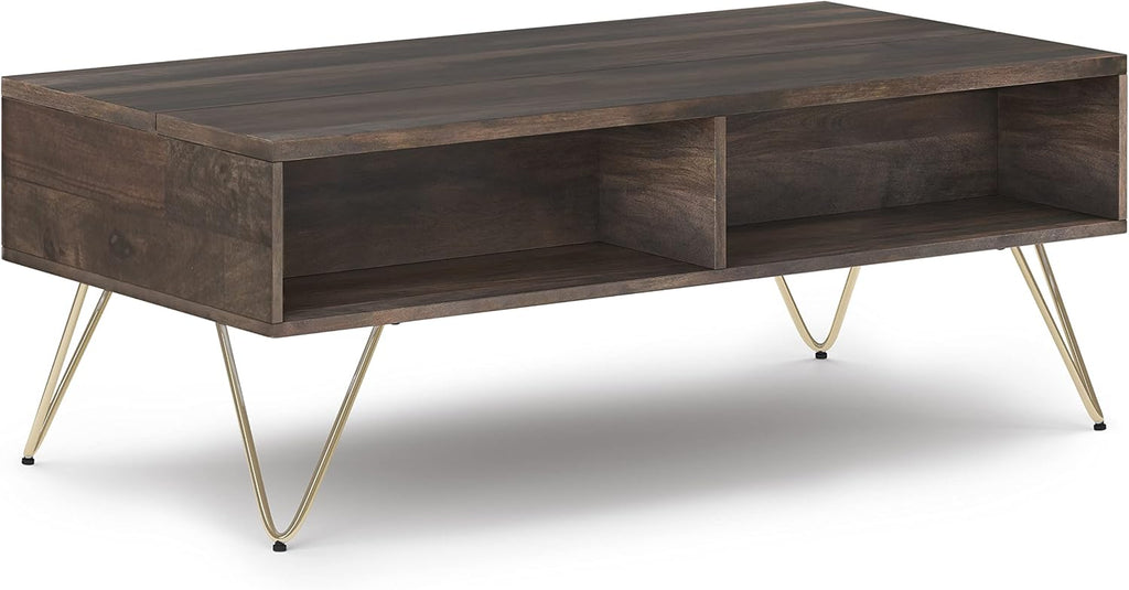 SIMPLIHOME Hunter SOLID MANGO WOOD and Metal 48 Inch Wide Rectangle Industrial Lift Top Coffee Table in Ebony, For the Living Room and Family Room