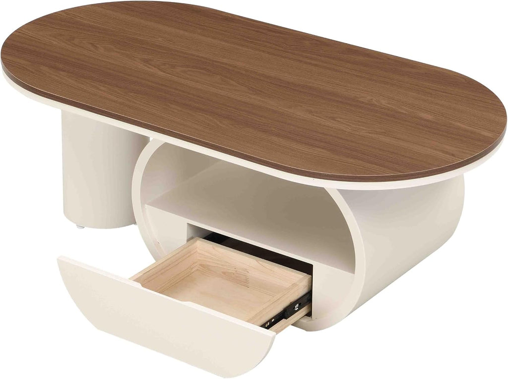 Coffee Table of 2,Oval Central Table with Wood/Marble Grain Top and Drawer,Modern Tea Table for Living Room Bedroom