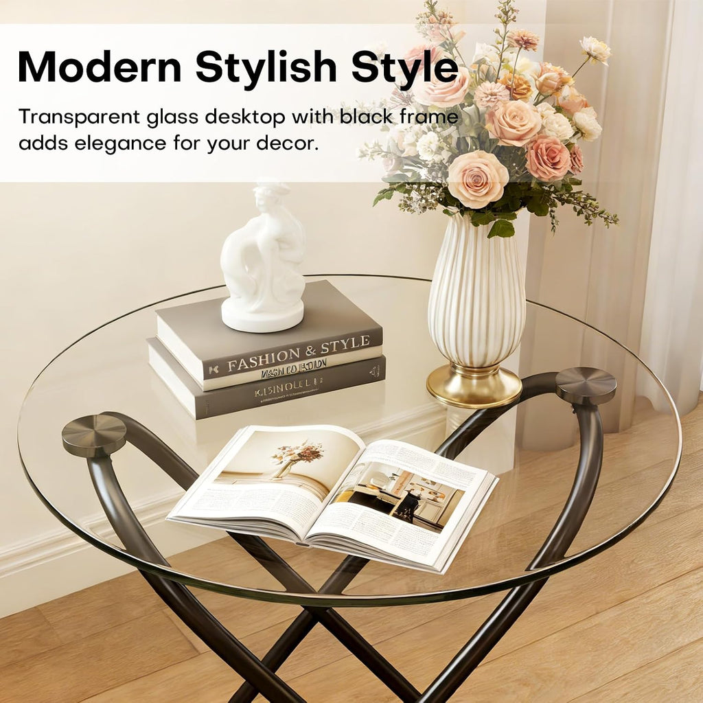 BECHAEO Round Glass End Table Set of 2, 19.7'' Modern Side Table with Tempered Glass Tabletop, Unique Ring-Shaped Frame End Table for Living Room Bedroom