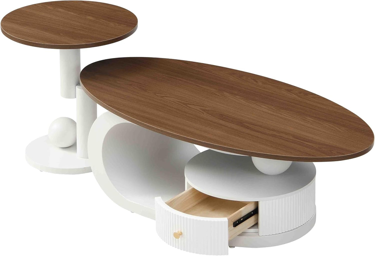 Modern Nesting Coffee Table Set of 2, 2-Piece Oval Decorative Living Room Table Set with Brown Wooden Top and White Metal Base and 1 Drawer, Oval Coffee Table and Round End Table Set