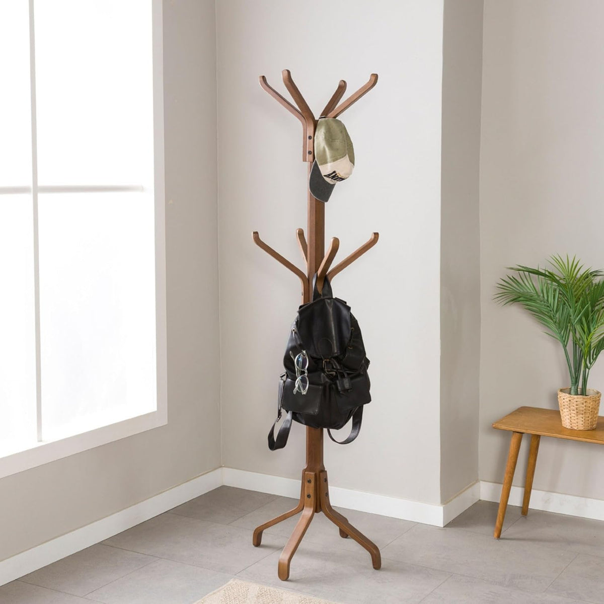 Solid Wood Coat Rack Freestanding, Coat Stands Entryway, Coat Rack Hat Hanger Hook for Jacket, Purse, Scarf Rack, Mid Century Umbrella Tree Stand (8-hook, Walnut)