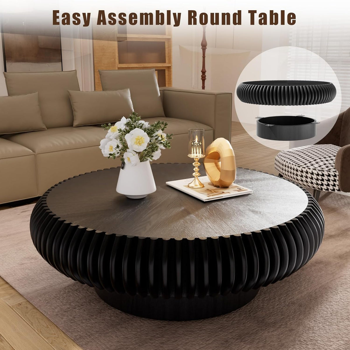 Black Round Drum Coffee Table Modern Circle Drum Fluted Wood Tea Table, Contemporary Center Table for Living Room (A Black 39.37' inch)