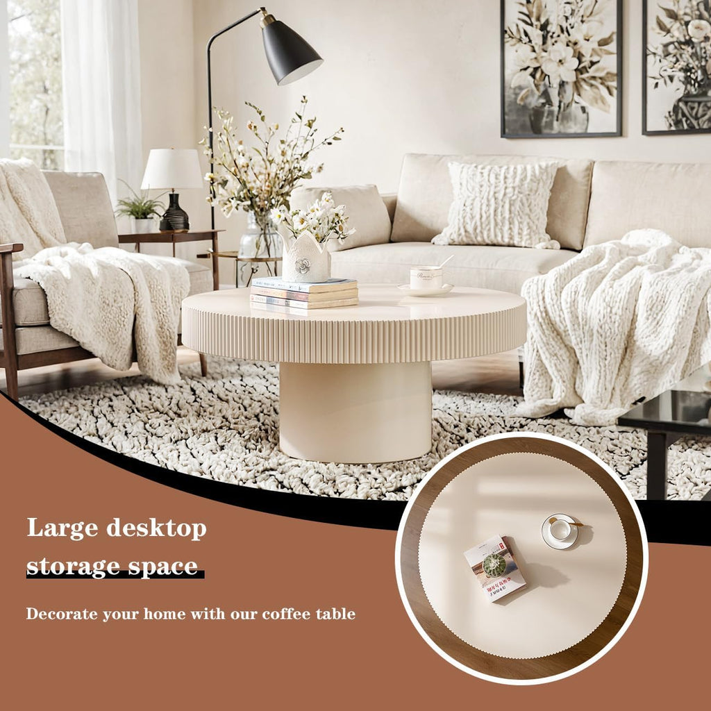 Round Coffee Table Farmhouse Coffee Table with Handcrafted Relief Circle Drum End Table for Apartment Living Room (White Thin)