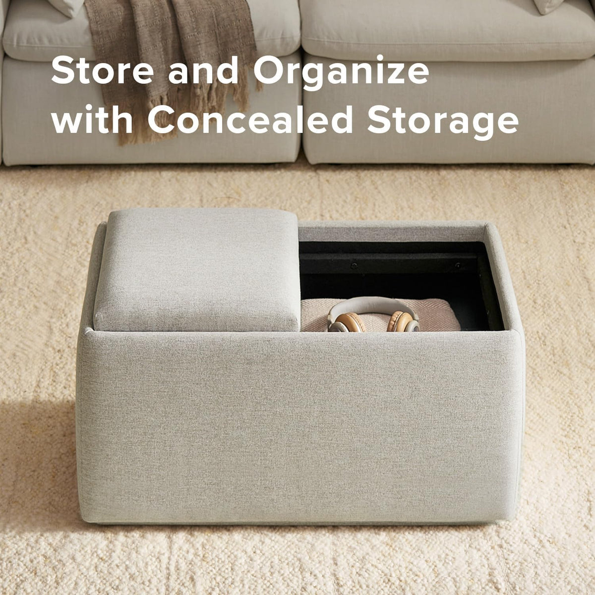 mopio Levi Storage Bench with Reversible Tray, Modern Storage Coffee Table, Bedroom Bench, Rectangular Cube Upholstered Coffee Table Ottoman for Living Room, Bedroom, Entryway (Fabric, Light Gray)