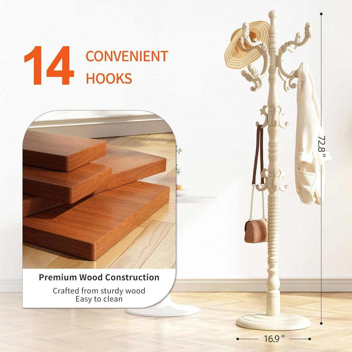 Wood Coat Rack Stand Wooden Coat Rack Freestanding Hall Coat Tree with Sturdy Round Base and 14 Hooks for Hats Bags Purses Vintage Coat Tree Hanger Stand for Entryway Hallway Bedroom, White
