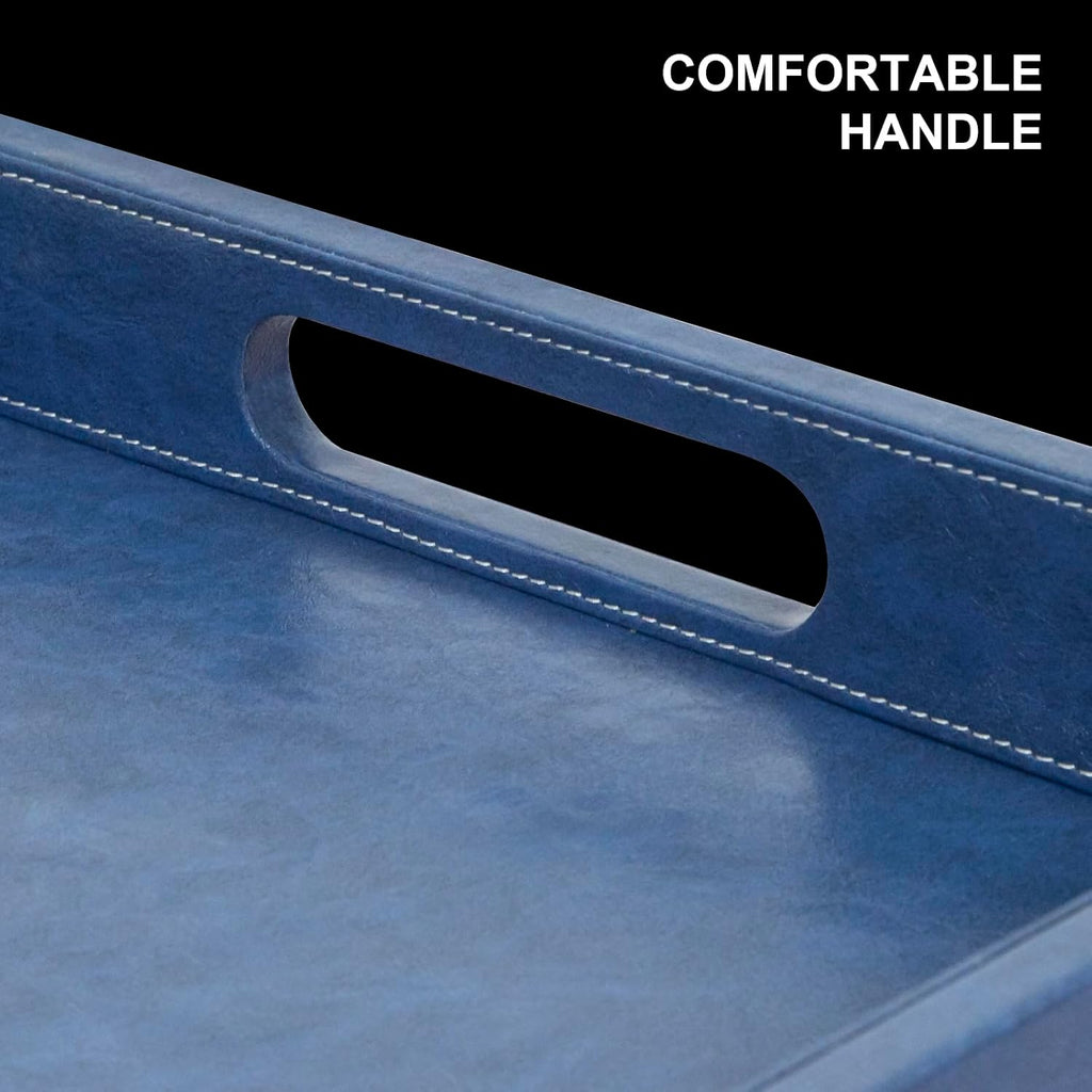30 x 30 inches Leather Ottoman Serving Tray with Hole Handles, Square Extra Large Modern Service Tray for Living Room, Coffee Table, Bed, Tea, Food, Butler Countertop, Kitchen, Dinner, Picnic (Blue)