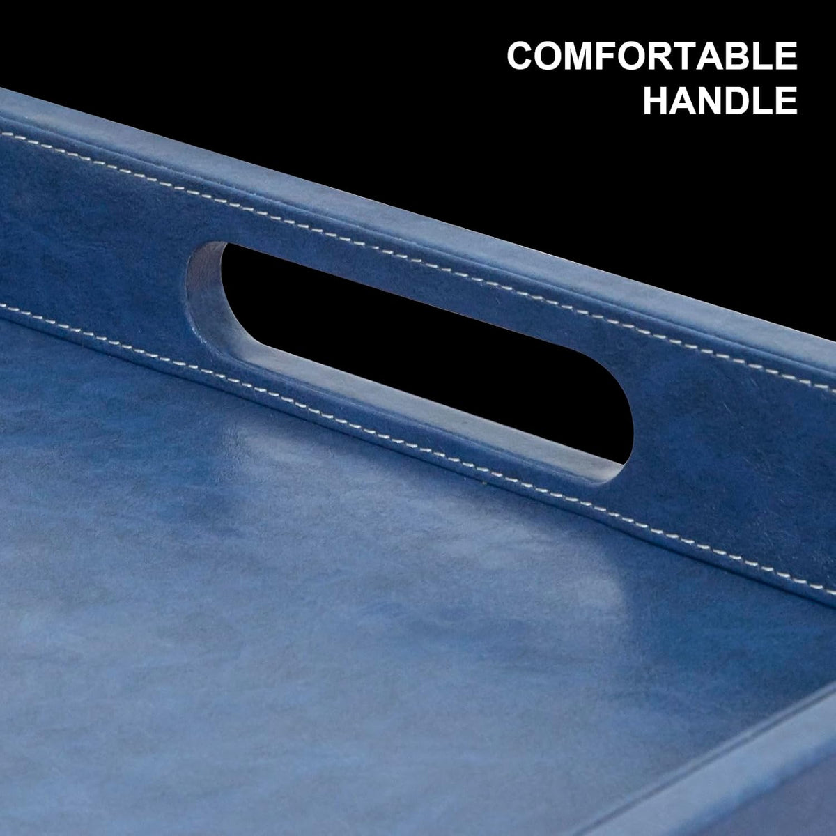 30 x 30 inches Leather Ottoman Serving Tray with Hole Handles, Square Extra Large Modern Service Tray for Living Room, Coffee Table, Bed, Tea, Food, Butler Countertop, Kitchen, Dinner, Picnic (Blue)