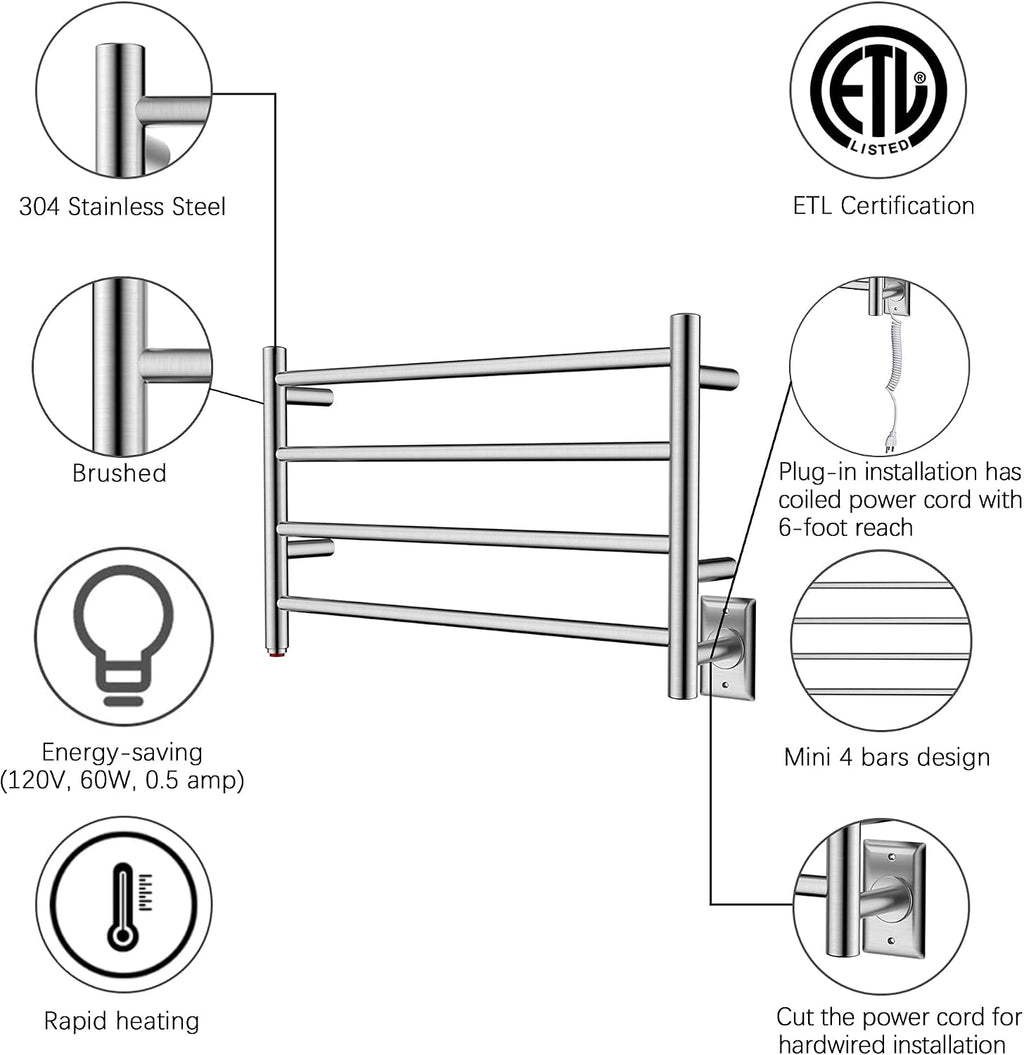 HEATGENE Towel Warmer 4 Bar Towel Dryer Wall-Mounted Plug-in Bath Towel Heater - Brushed
