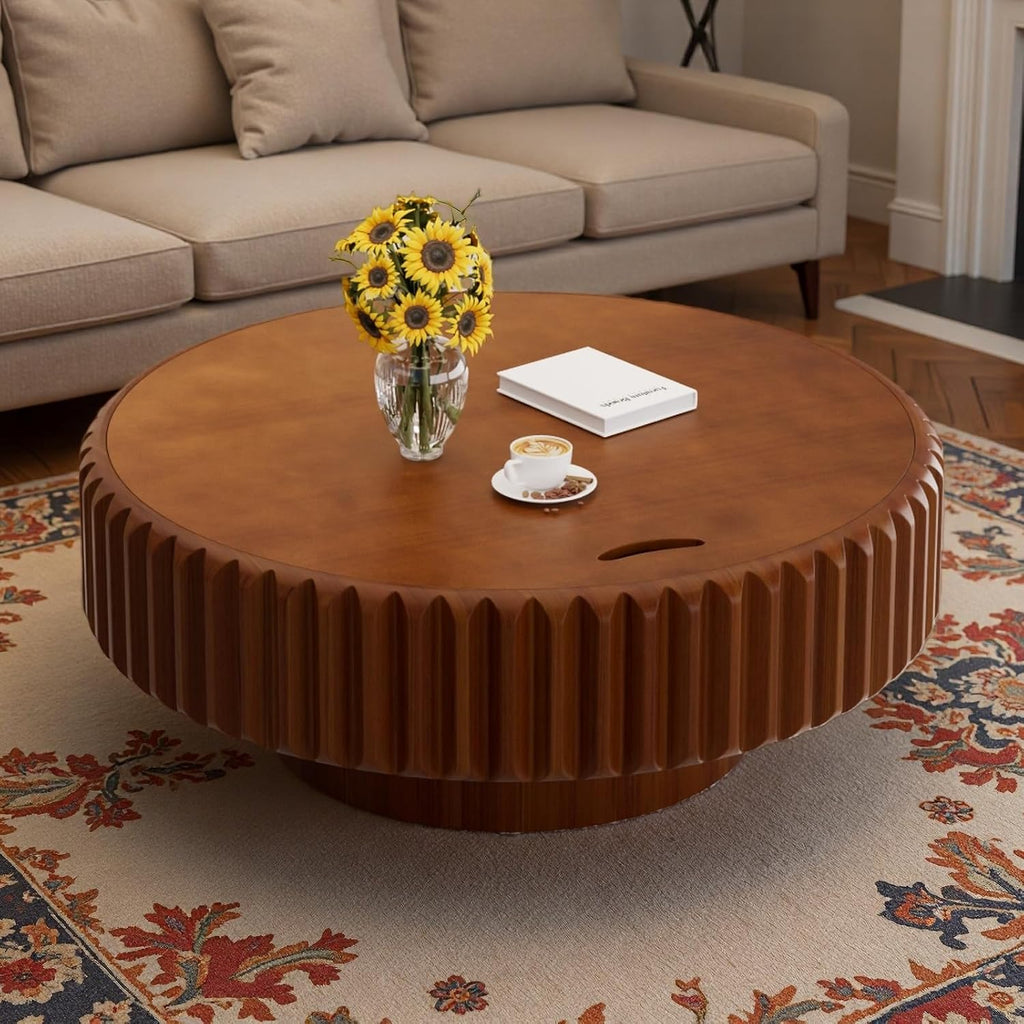 Round Drum Fluted Coffee Table with Storage for Living Room Modern Circle Coffee Table with Pedestal Center Tables Fluted Accent Tea Tables for Apartment Living Room (L31.5IN)