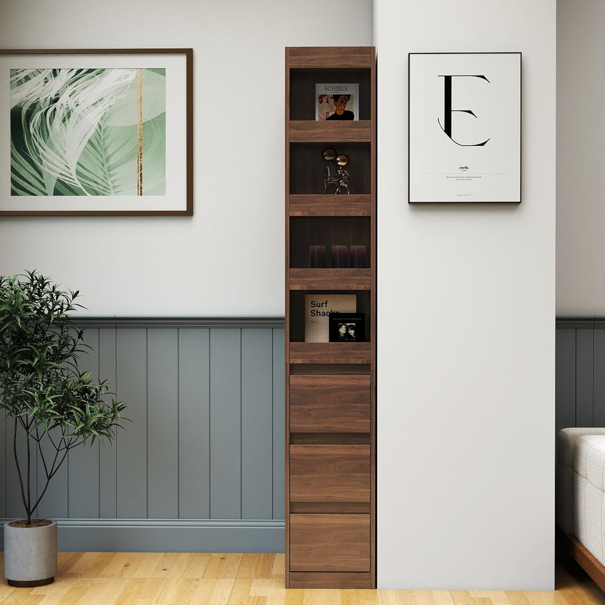 70.87' H Display Storage Cabinet, Narrow Wooden Corner Cabinet with 8-Tier Shelves and 3 Side Drawers, Tall Bookshelf and Bookcase for Living Room Home Office, Walnut